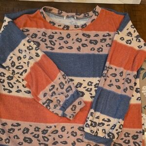 Leopard Print Striped Sweater - Blue and Orange